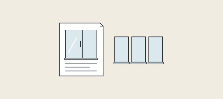 Illustration: a specification sheet showing a shower enclosure beside three identical glass panels