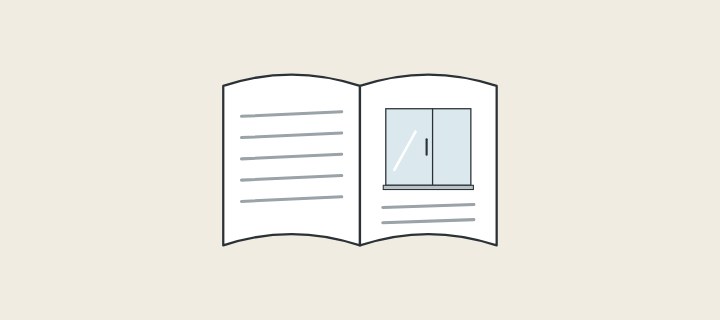 Illustration: an open book with text lines on one page and a shower enclosure on the other