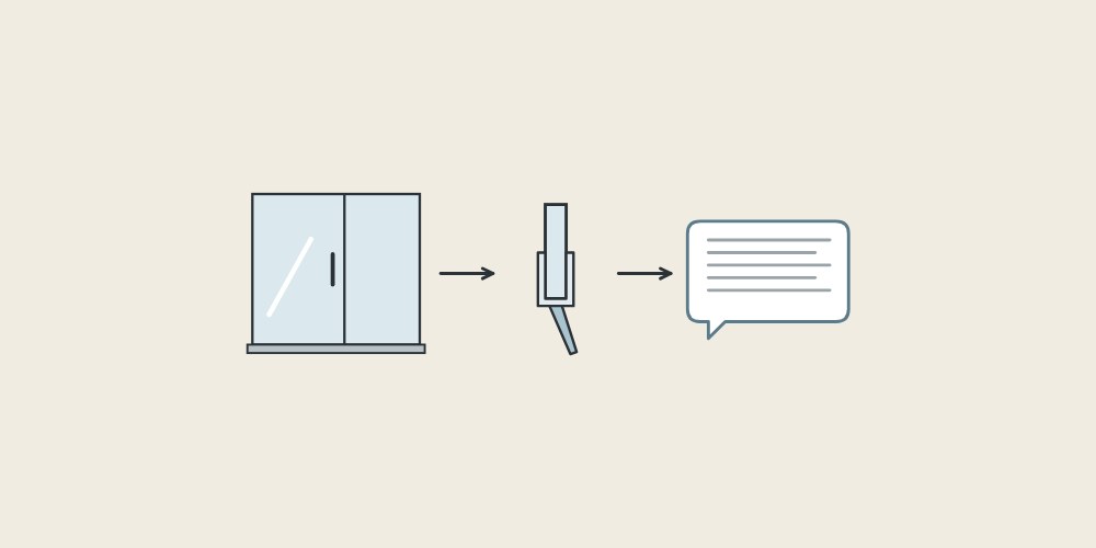 Illustration of a shower enclosure, a glass edge with its seal and a message bubble linked by arrows