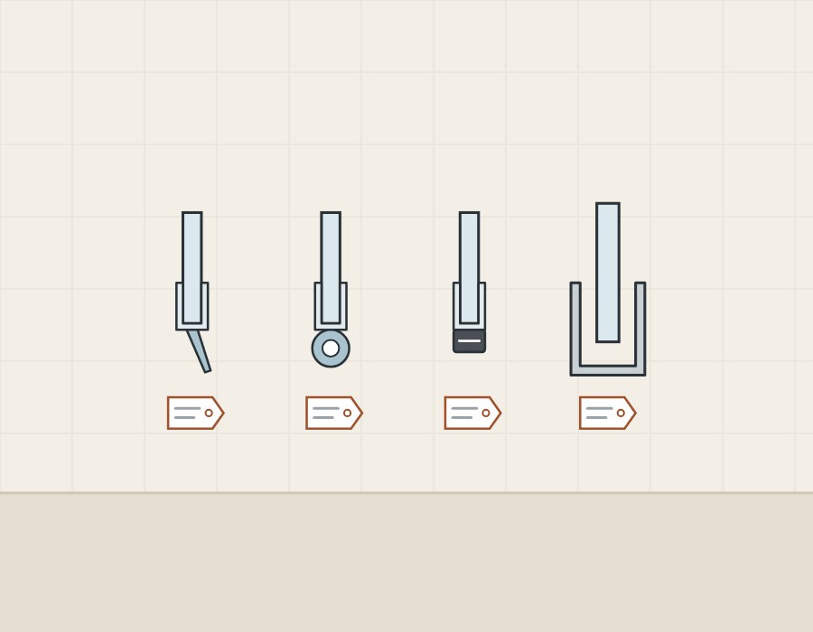 Illustration of three glass edges with different clip-on seals and a glass panel in a metal channel, each with a tag