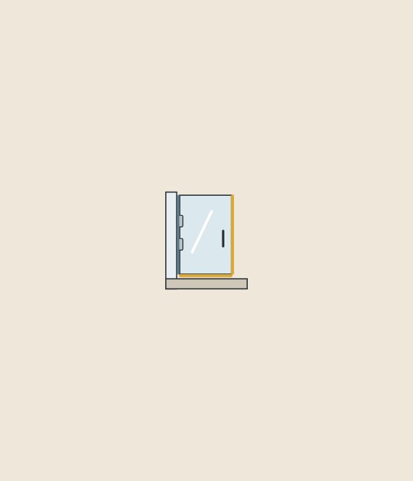 Illustration of a hinged glass shower door with its hinge edge, closing edge and bottom edge marked as seal positions