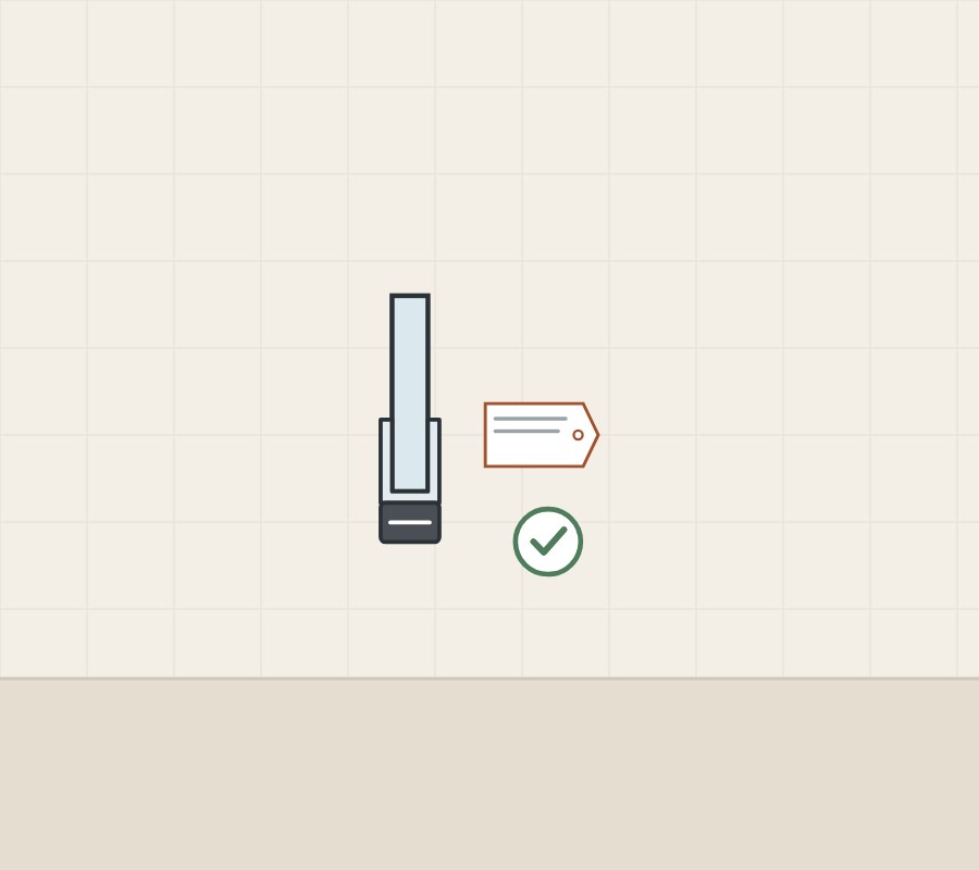 Illustration of a glass edge with a magnetic clip-on seal, a tag and a tick