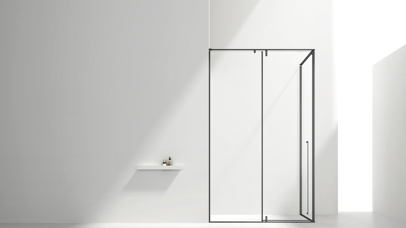 A corner entry shower enclosure