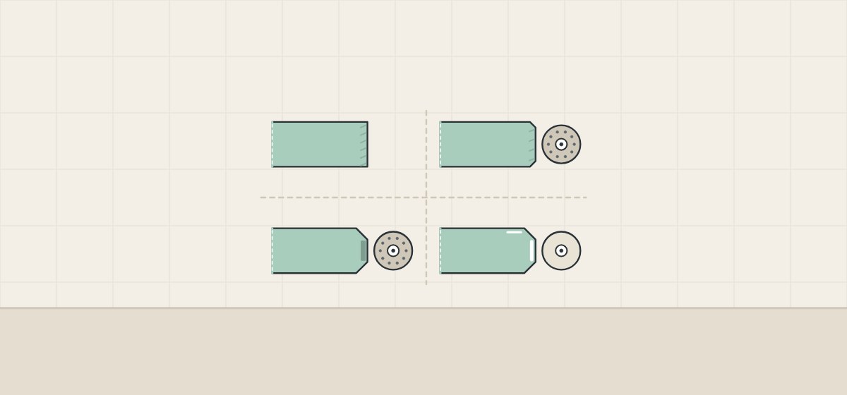 Illustration of four glass edges in section: factory cut, seamed, ground and polished