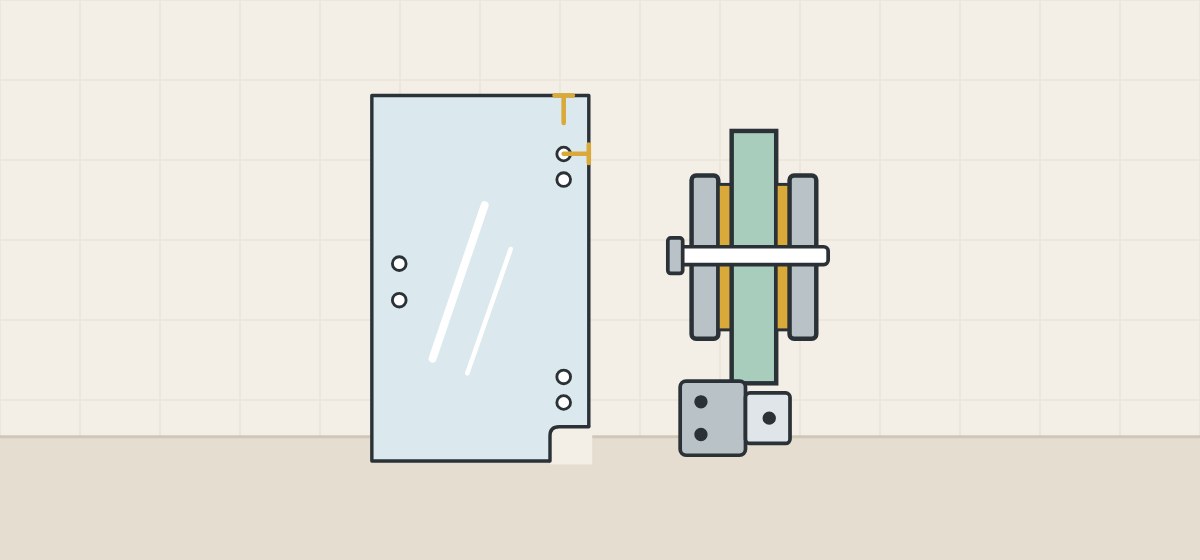 Illustration of a glass panel with holes and a rounded notch beside a through-hole fixing in section with washers between metal and glass
