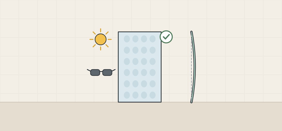 Illustration of a sun, sunglasses and a glass panel with a faint blotchy pattern beside a slightly bowed panel seen edge-on