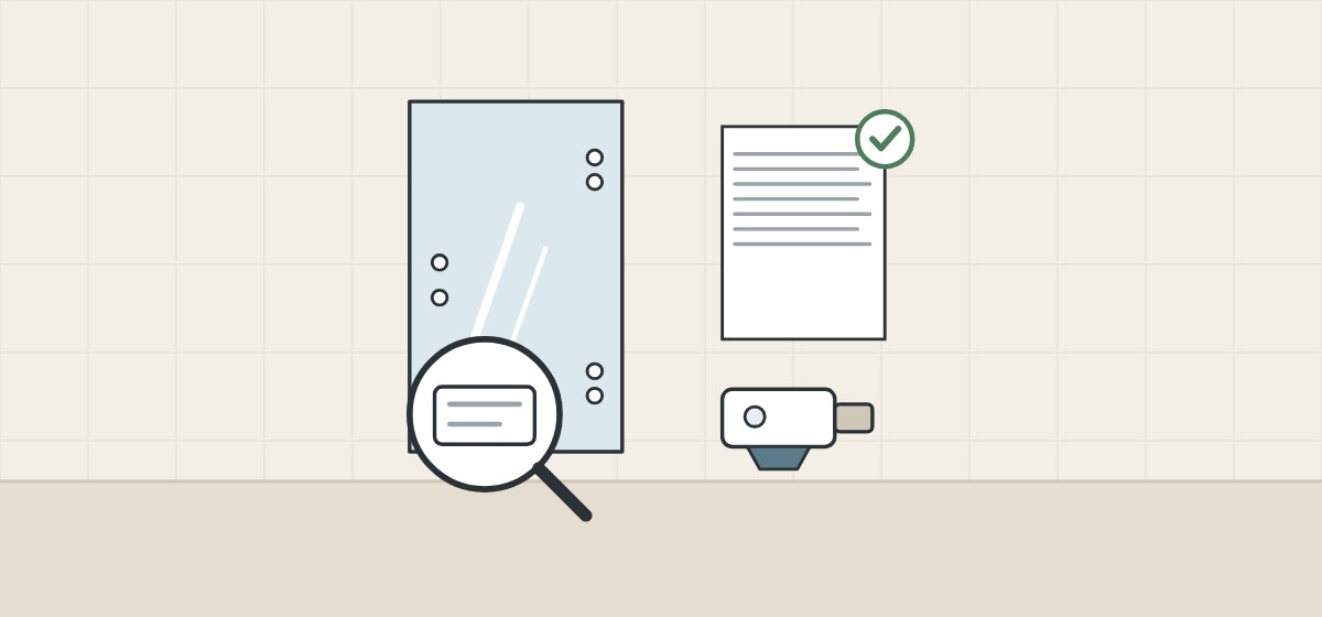Illustration of a glass panel with a magnified corner label beside a ticked record sheet and a stress meter