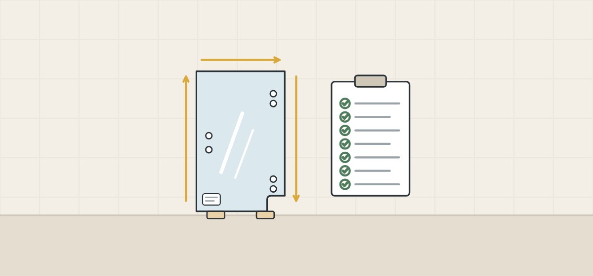 Illustration of a glass panel on blocks with arrows running round its edges beside a ticked clipboard