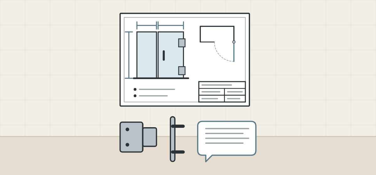 Illustration of an enclosure drawing sheet above a hinge, a pull handle and a message bubble