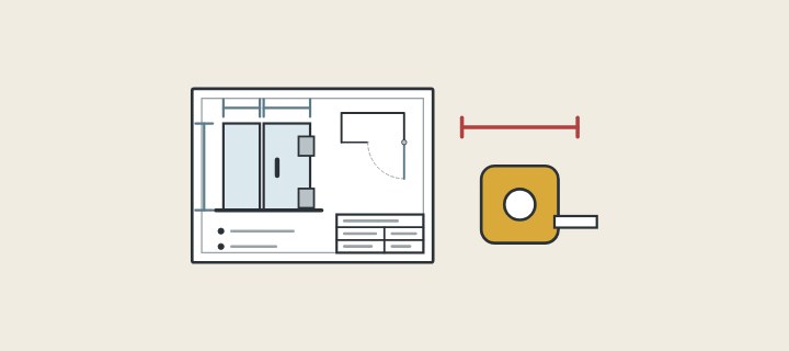 Illustration: an enclosure drawing sheet beside a measurement line and a tape measure