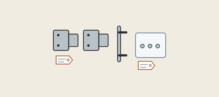 Illustration: two hinges, a pull handle and a bag of fixings with tags