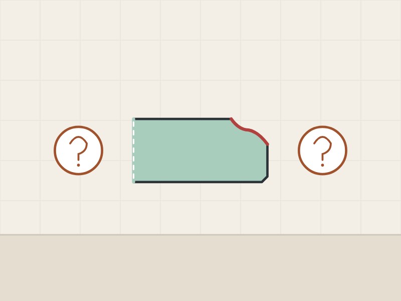 Illustration of a chipped glass edge in section between two question marks