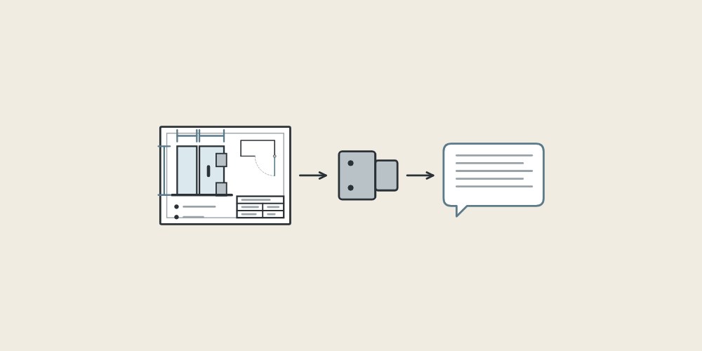 Illustration of a drawing sheet, a hinge and a message bubble linked by arrows