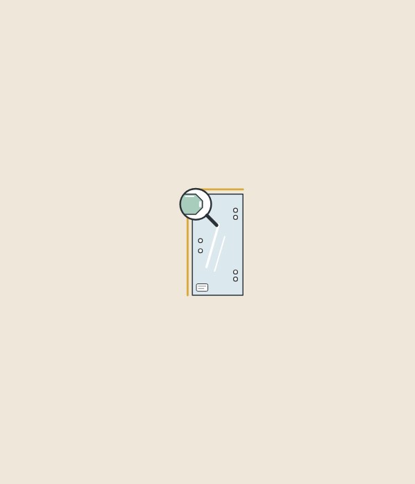 Illustration of a drilled glass panel with two edges highlighted and a magnifier on one corner