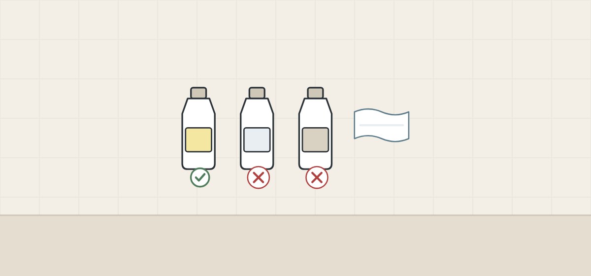 Illustration of three cleaner bottles, one ticked and two crossed, beside a soft cloth