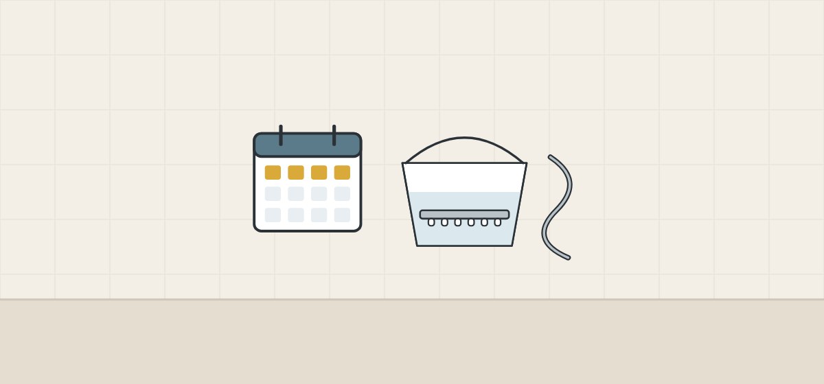 Illustration of a calendar with marked days, a spray plate soaking in a bucket and a shower hose