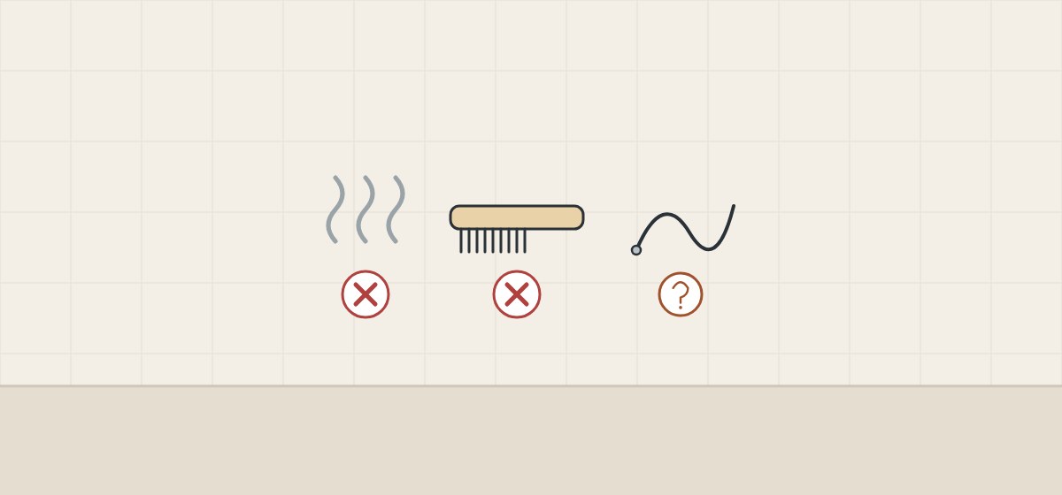 Illustration of steam and an abrasive brush marked with crosses, and a thin wire marked with a question mark
