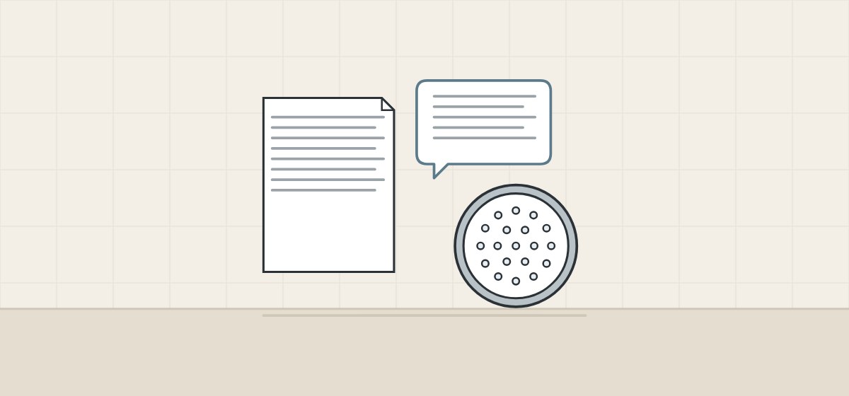 Illustration of a document, a message bubble and a shower-head spray face