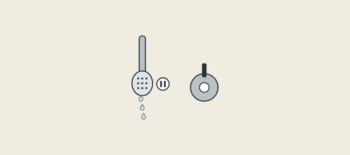 Illustration: a hand shower on pause with drops still falling, beside a closed wall control