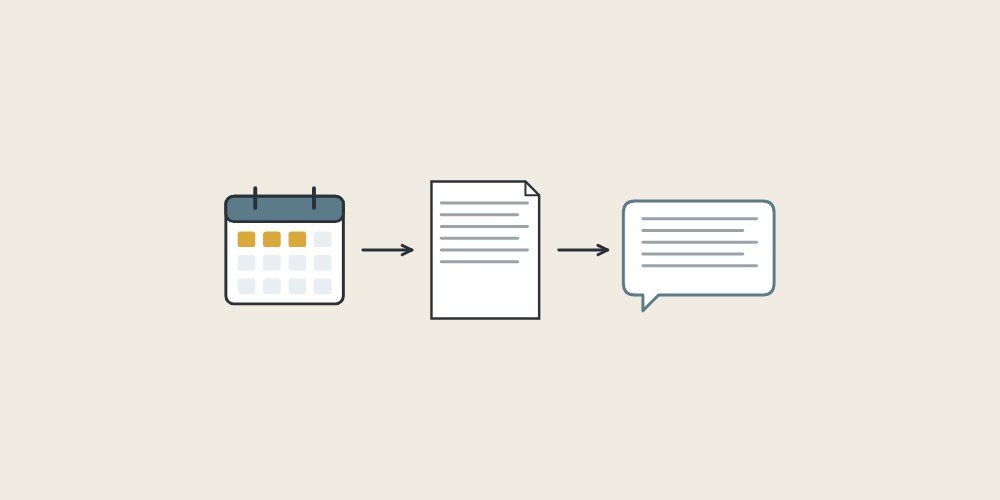 Illustration of a calendar, a document and a message bubble linked by arrows