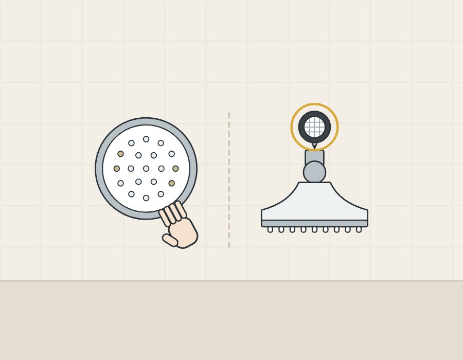 Illustration of a hand rubbing a spray face beside a shower head with a screen washer lifted out above its inlet