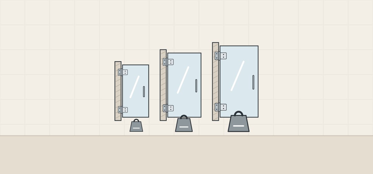 Illustration of three glass doors of different sizes, each with a weight symbol of a different size