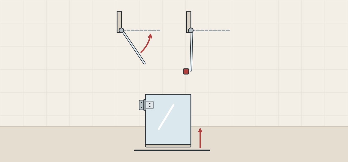 Illustration of a door returning to closed in plan, a door held open at a stop and a door edge lifting off the floor