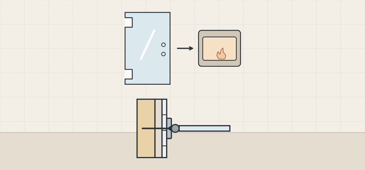 Illustration of a glass panel with hinge notches, an arrow to a furnace and a hinge screwed through tile into a stud