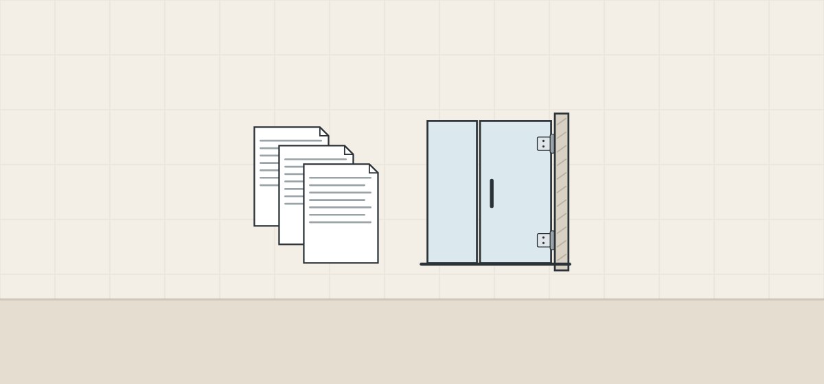 Illustration of three standard documents beside a glass enclosure with a door hinged from the wall