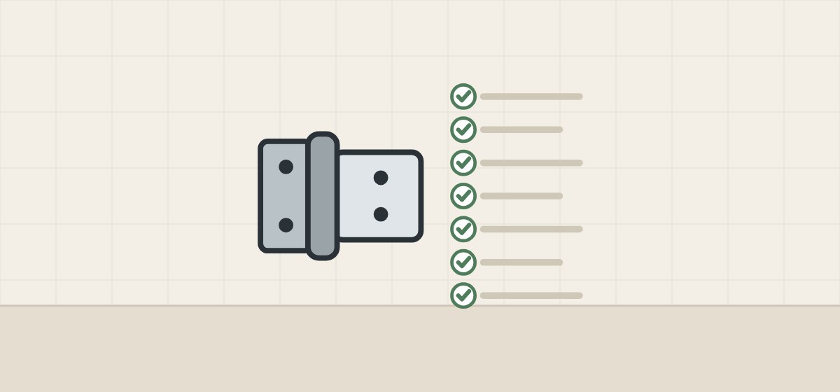 Illustration of a side-mount hinge beside a checklist of seven ticked lines