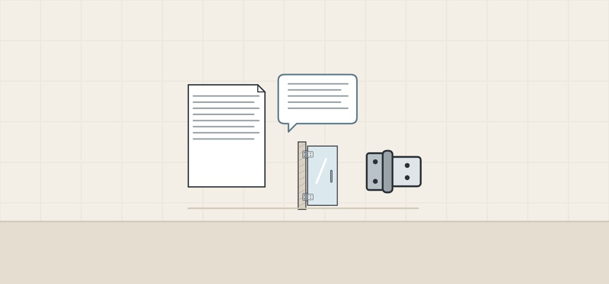 Illustration of a document, a message bubble, a small glass door and a hinge