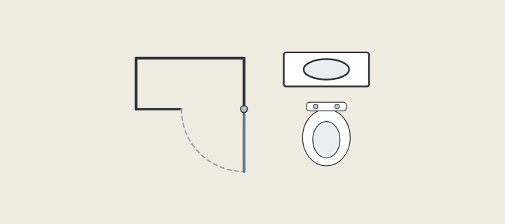Illustration of a shower plan with a door swing arc beside a toilet and a vanity seen from above