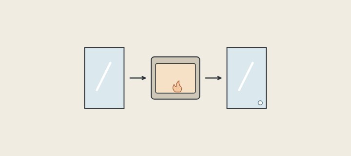 Illustration of a glass panel, an arrow to a furnace and an arrow to a panel with a corner mark