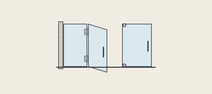 Illustration of a hinged glass door standing open beside a pivot door with top and bottom pivots