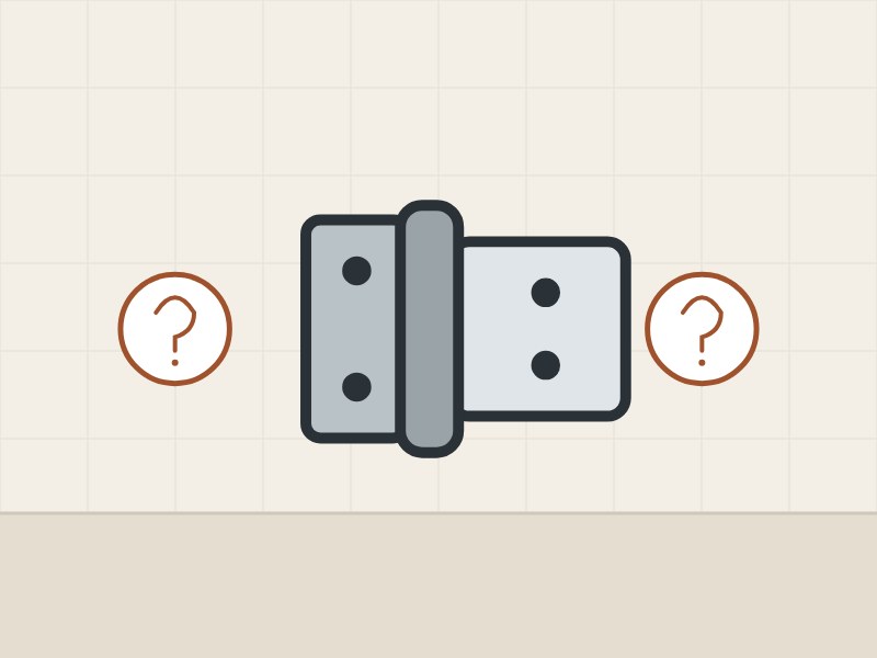 Illustration of a side-mount hinge between two question marks