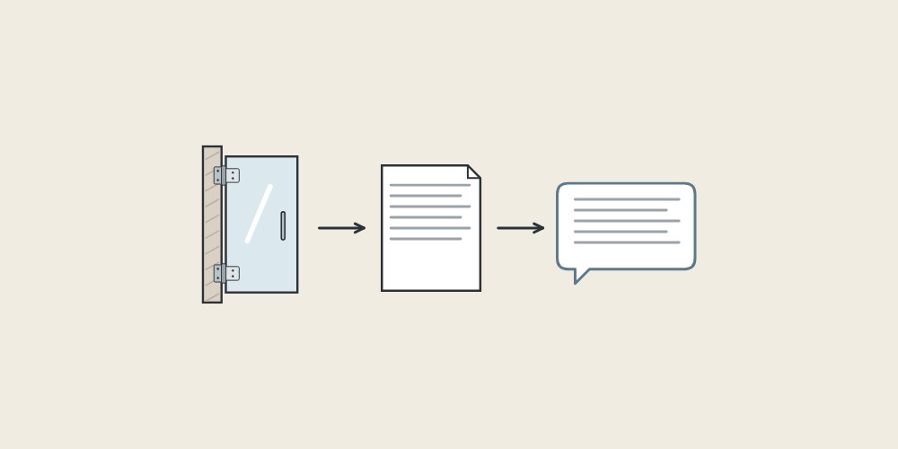 Illustration of a glass door, a document and a message bubble linked by arrows
