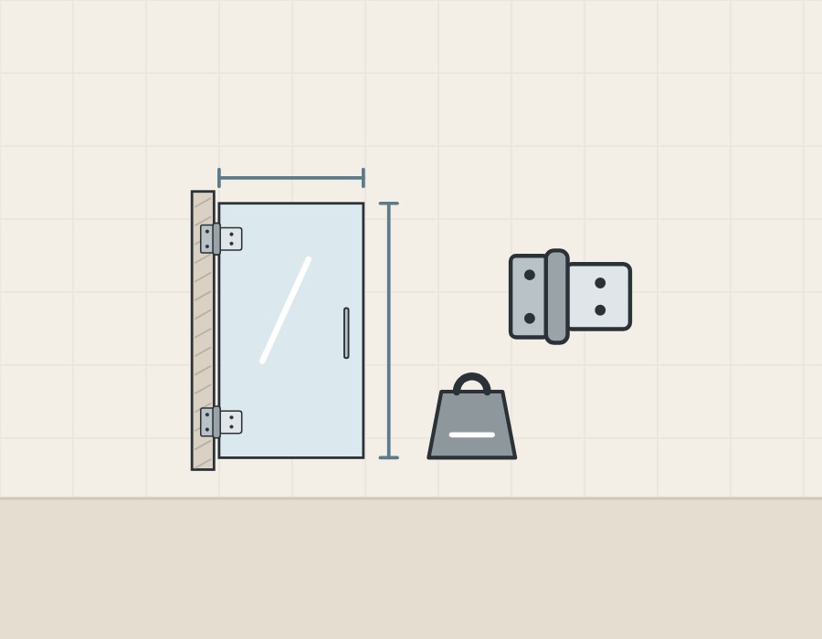 Illustration of a glass door on two hinges with width and height lines, a weight symbol and a larger view of one hinge