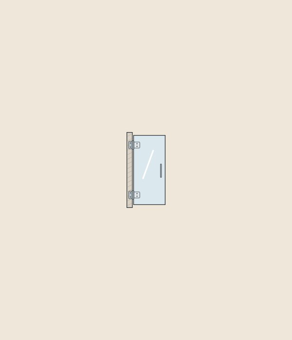 Illustration of a glass shower door hung from a wall on two side-mount hinges