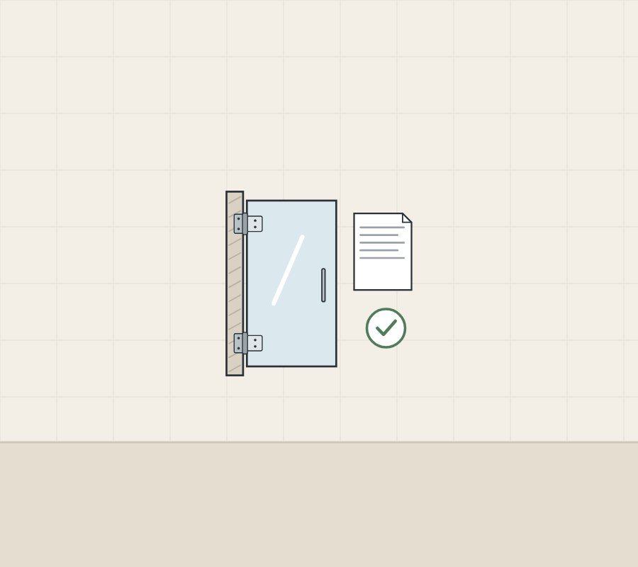Illustration of a glass door on two hinges beside a document and a tick