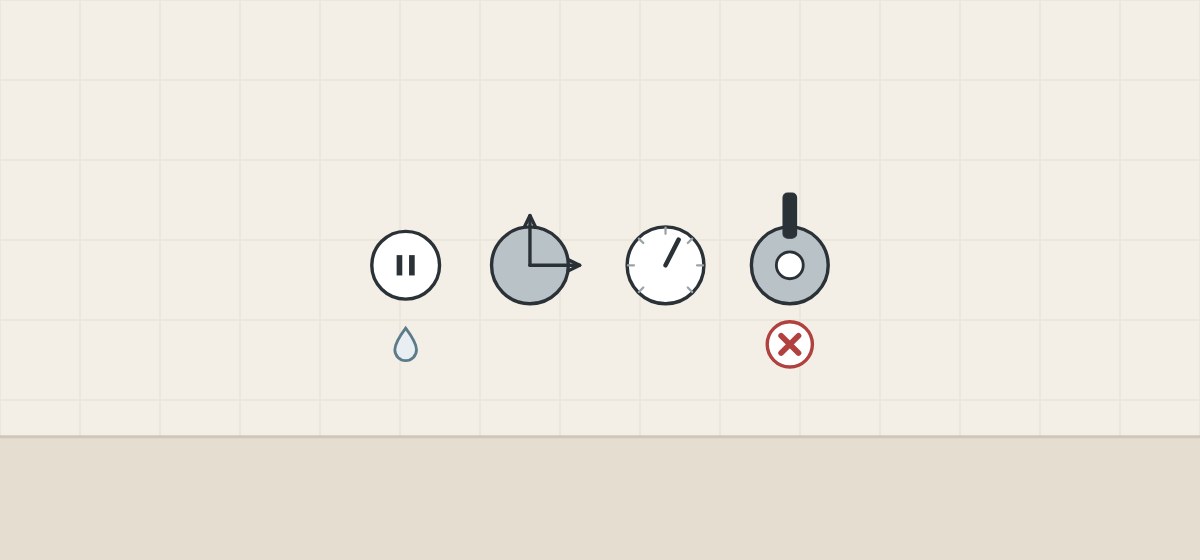 Illustration of four shower controls: pause, diverter, volume dial and a closed valve
