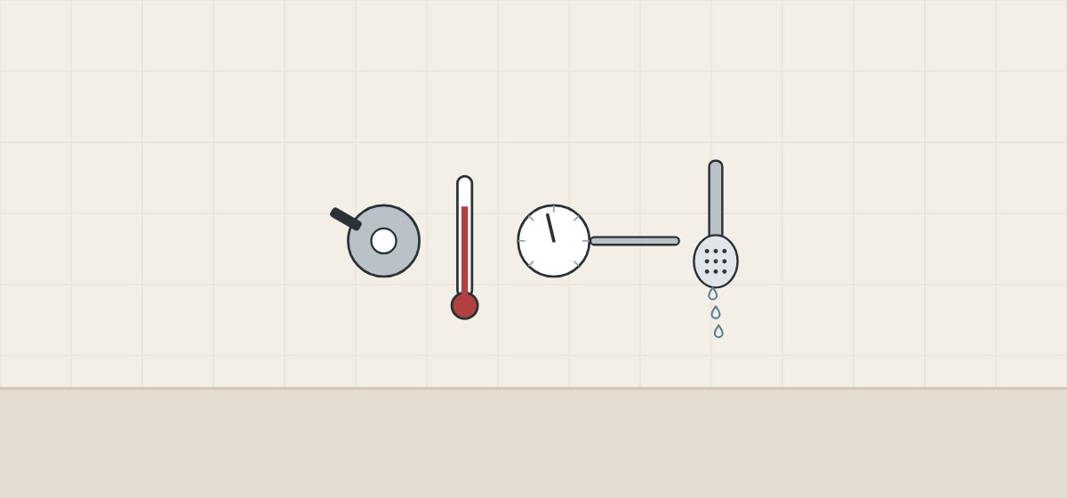 Illustration of a wall valve, thermometer and temperature dial connected to a trickling hand shower