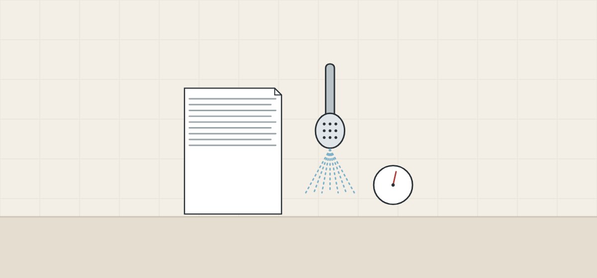 Illustration of a rating document beside a spraying hand shower and a flow gauge