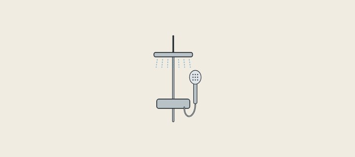 Illustration: a shower column with an overhead shower, a mixer and a hand shower on a hose