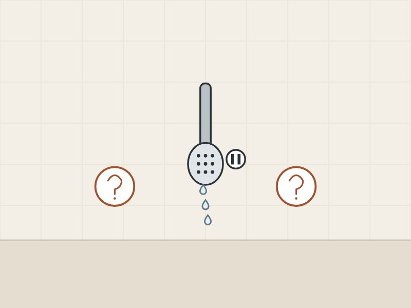Illustration of a paused hand shower between two question marks