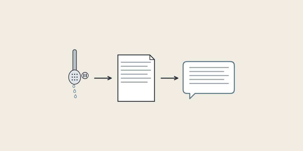 Illustration of a paused hand shower, a document and a message bubble linked by arrows