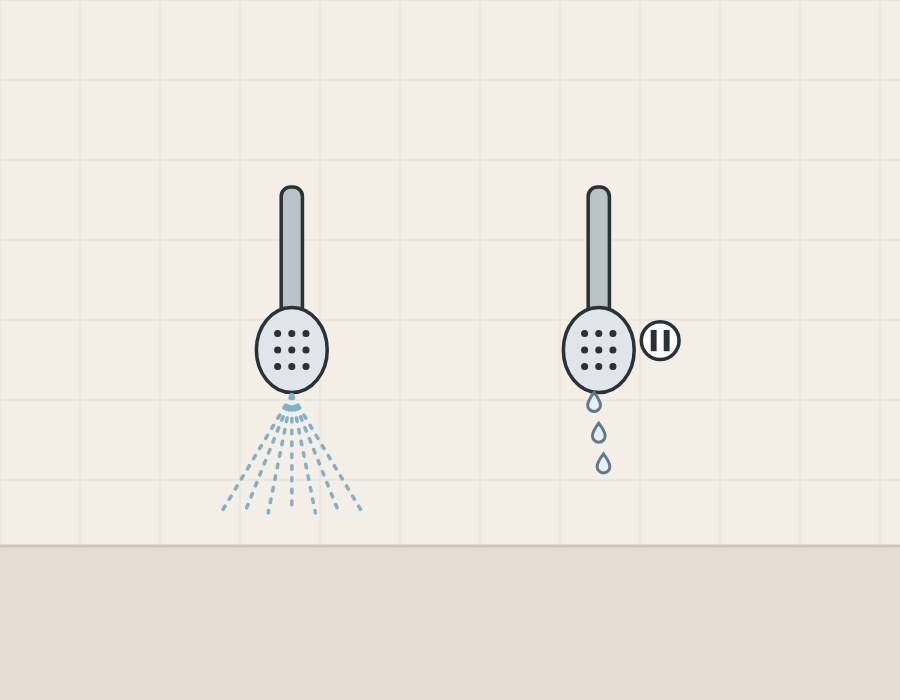 Illustration of a hand shower spraying beside the same hand shower on pause with a few drops falling