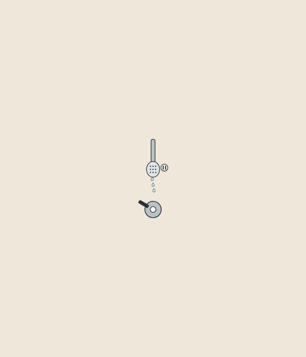Illustration of a hand shower on pause with drops still falling, above a wall valve