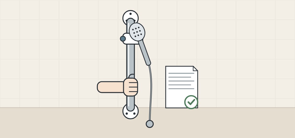 Illustration of a thick vertical bar with round flanges and a sliding hand-shower holder, gripped by a hand, beside a ticked maker’s document
