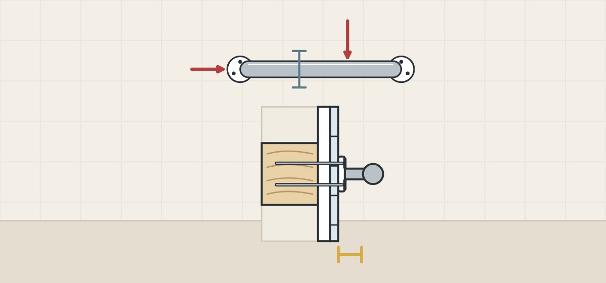 Illustration of a grab bar with a thickness mark and two force arrows, above a wall section showing the gap between bar and wall