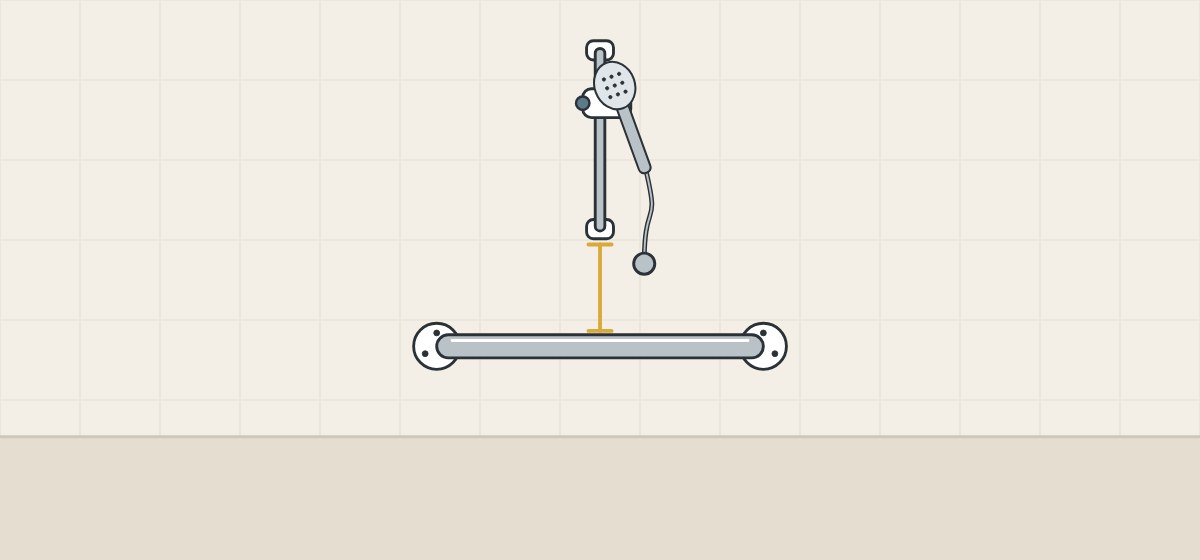 Illustration of a vertical slide bar with a hand shower mounted above a horizontal grab bar with a marked gap between them